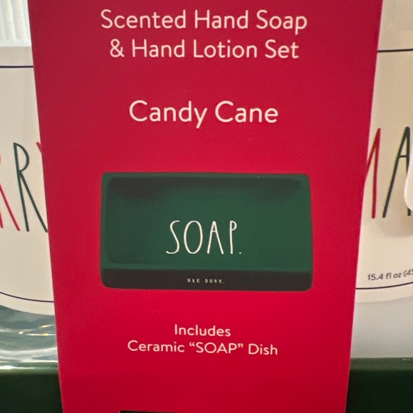 Rae Dunn MERRY CHRISTMAS Soap LOTION Set green ceramic dish NEW - Picture 2 of 5